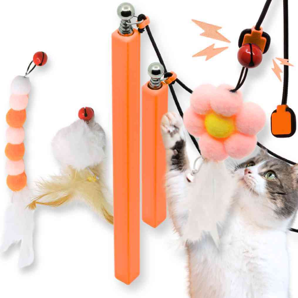 cat wand combo, compact and max cat wand, multi-size cat wand set, magnetic cat wand combo, versatile cat toy set, interactive cat wand set, #color_orange