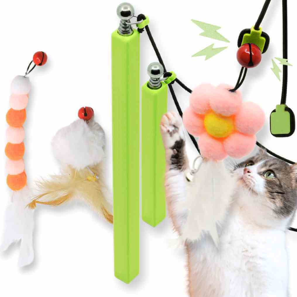 cat wand combo, compact and max cat wand, multi-size cat wand set, magnetic cat wand combo, versatile cat toy set, interactive cat wand set, #color_apple-green