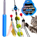 A cat toy set shown on a white background, including a blue and silver pole, feather and pom-pom wands, and a blue 'MAGNETIC CATCH WAND' packaging graphic. A gray tabby cat is partially visible on the right, reaching toward the toy.