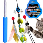 A cat toy set shown on a white background, including a blue and silver pole, feather and pom-pom wands, and a blue 'MAGNETIC CATCH WAND' packaging graphic. A gray tabby cat is partially visible on the right, reaching toward the toy.