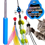 A cat toy set shown on a white background with a gray tabby cat reaching for one of the dangling toys. The set includes a blue handle, metal pole, black cord, feather, pom-poms, red toy heads, and a blue paw-print charm.