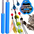 A cat toy set featuring blue magnetic wand poles, colorful feather and pom-pom accessories, and a gray tabby cat reaching for the toy. A blue package label reads 'TURNIPET MAGNETIC CATCH WAND THE CAT TOY THAT LETS THEM WIN'.
