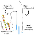 A product comparison graphic showing two cat toy wands on a white background with text labels: Compact 24" Extended, Max 40" Extended, and Multi includes both wands. Small toy feathers and beads are shown on the left, indicating all sets include 3 toys.